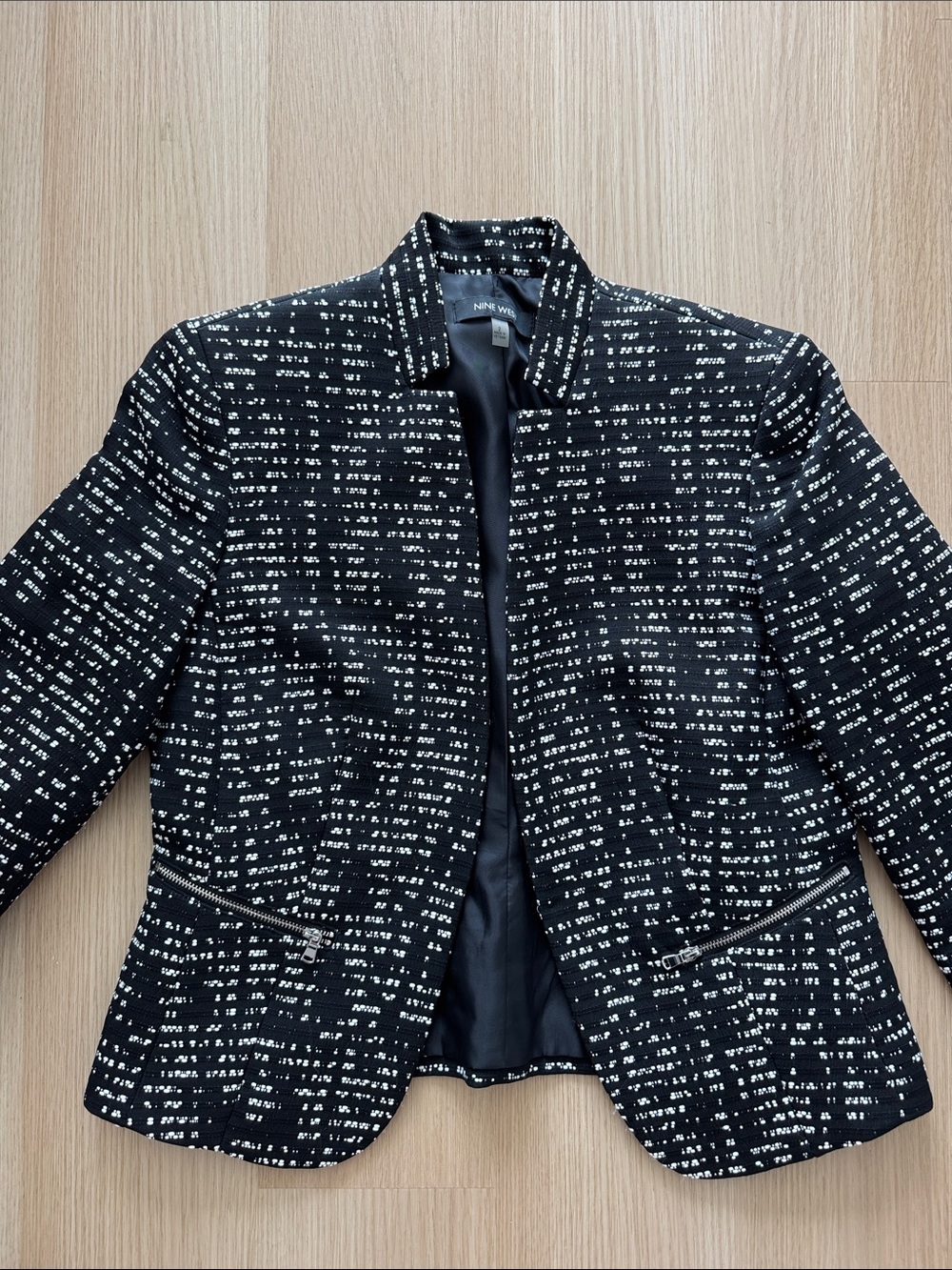 Nine West Black & White Jacquard Zip-Pocket Blazer